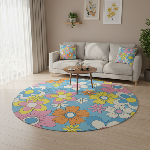 Colorful 70s Retro Round Rug, Boho Hippie Flower Power Accent Carpet
