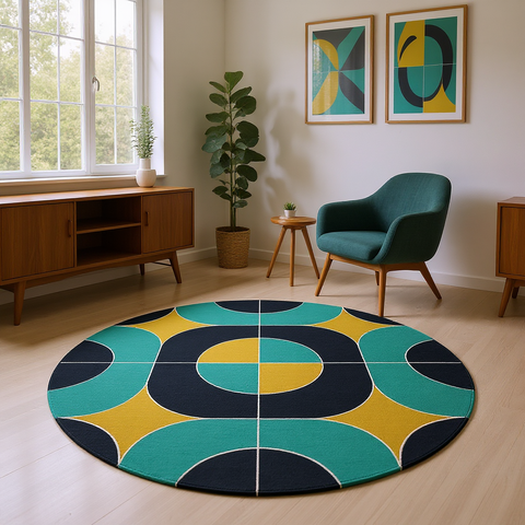 Bold 60s Retro Round Chenille Rug, Geometric Accent Black Turquoise Mustard