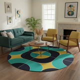 Bold 60s Retro Round Chenille Rug, Geometric Accent Black Turquoise Mustard