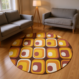 Orange Brown Retro 70s Round Rug, Boho Chenille Mid-Century Style Area Carpet