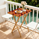 Orange Flower Power retro TV tray set of 4, on a balcony with coffee and pastries