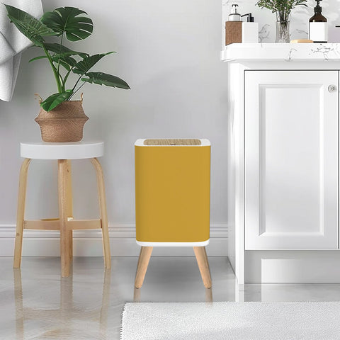 Retro Square Small Trash Can with Lid, Yellow Ochre Warm Mustard