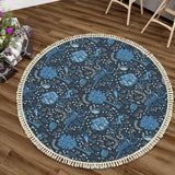 Navy Blue Woodland Animals Round Winter Rug with Tassels – Folk Retro