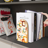 Mod Squares retro wooden bookend on a dark shelf with books