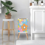 Scandi Square Small Trash Can with Lid, 1970s Flowers Blue Orange Yellow