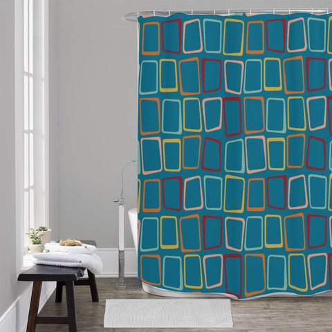 Blue 60s Retro Shower Curtain – Midcentury Modern Bathroom Accent