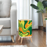 Retro Square Small Trash Can with Lid, 1970s Psychedelic Swirl Acidwave Green Yellow Orange