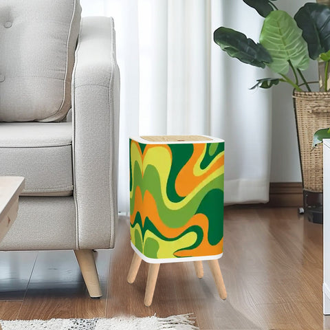 Retro Square Small Trash Can with Lid, 1970s Psychedelic Swirl Acidwave Green Yellow Orange