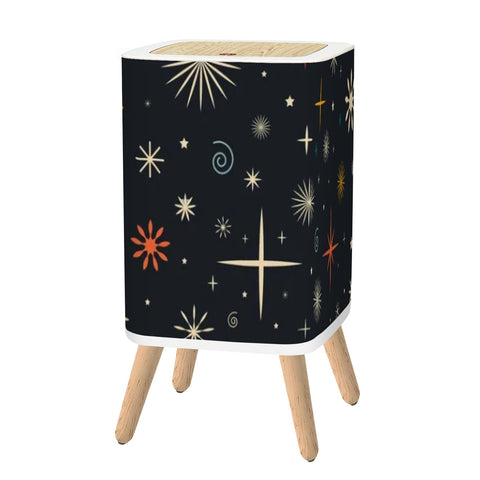 Scandi Midcentury Modern Trash Can with Lid: Retro 1960s Celestial Christmas Stars Black