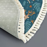 Teal Beige Reindeer Round Christmas Rug with Tassels – Scandi Retro