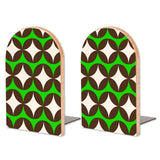 Retro Green Diamond Wave wooden bookends, set of 2, with green zigzags on brown