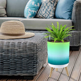 Retro Flower Pot - 70s Style, Wooden Legs, Fading Blue Green