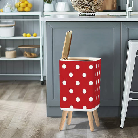 Retro 1950s Square Small Trash Can with Lid, Big Polka Dots Red White