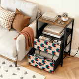 Retro circles side table with open drawer and books next to a sofa