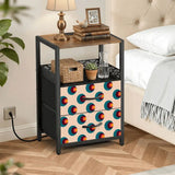 Retro circles midcentury bedside table with lamp and plant in a bedroom corner