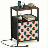 Retro circles bedside table with 2 drawers and integrated power strip, front view