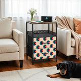 Retro circles side table beside an armchair in a living room