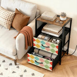 Pastel retro scallop side table with open drawer and books next to a sofa
