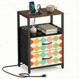 Pastel retro scallop bedside table with 2 drawers and integrated power strip, front view
