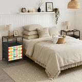 Pastel retro scallop nightstand next to a bed in a cozy bedroom