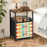 Pastel retro scallop midcentury bedside table with lamp and plant in a bedroom corner