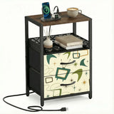 Green atomic boomerang bedside table with 2 drawers and integrated power strip, front view