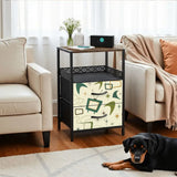 Green atomic boomerang side table beside an armchair in a living room