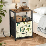 Green atomic boomerang midcentury bedside table with lamp and plant in a bedroom corner