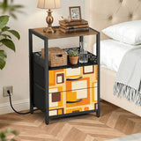 Orange squares retro midcentury bedside table with lamp and plant in a bedroom corner
