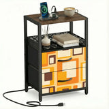 Orange squares retro bedside table with 2 drawers and integrated power strip, front view