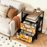 Orange squares retro side table with open drawer and books next to a sofa