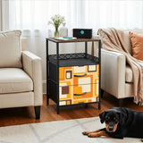 Orange squares retro side table beside an armchair in a living room