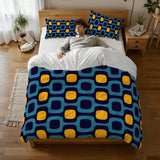 Retro 70s Double Duvet Cover Set: Midcentury Blue Yellow Microfiber Bedding