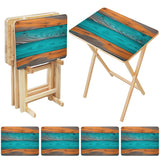 Teal Wood Grain retro TV tray set of 4, open table and four folded trays with storage rack