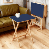 Deep Indigo retro TV tray set of 4, in a living room beside an olive sofa