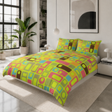 Retro 70s Double Sided Printed Duvet Cover Set – Green Midcentury Bedding