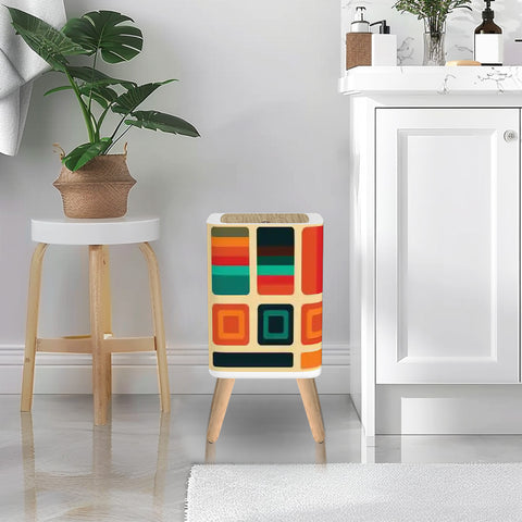 Small 70s Retro Trash Can with Lid: Scandi Midcentury Style Wastebasket