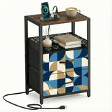 Retro 60s Geometric Bedside Table with Charging Station & Storage