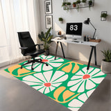 Floral Green White Yellow Midcentury Rug – No Tassels, Retro 70s Home Decor