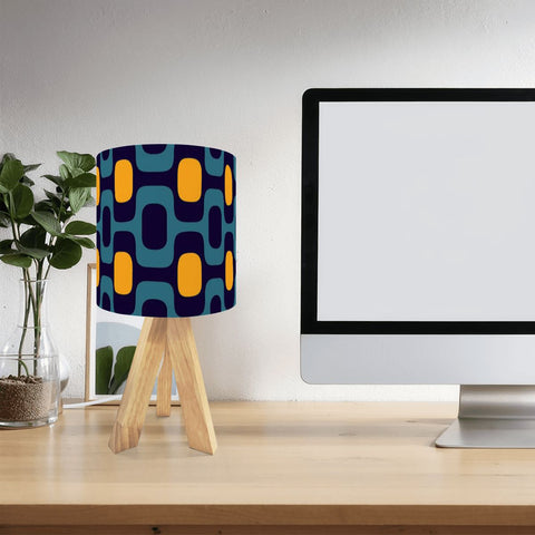 Retro 70s Pattern Table Lamp – Wood Tripod Base, Linen Shade