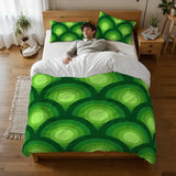 Green Peacock Eye Pattern Comforter Set: 70s Retro Queen Size Microfiber Bedding