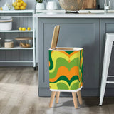 Retro Square Small Trash Can with Lid, 1970s Psychedelic Swirl Acidwave Green Yellow Orange