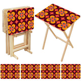 Orange Flower Power retro TV tray set of 4, open table and four folded trays with storage rack