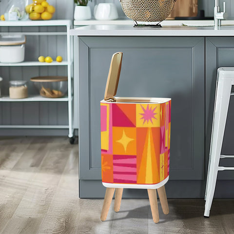 Square Small Trash Can with Lid Orange Pink Yellow Mid Century Pattern