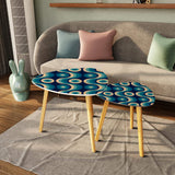 Blue 70s Retro Nesting Coffee Table Set: Midcentury Tripod Side Tables