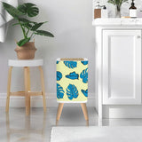 Scandi Square Small Trash Can with Lid, Vanilla Yellow with Blue Leaves
