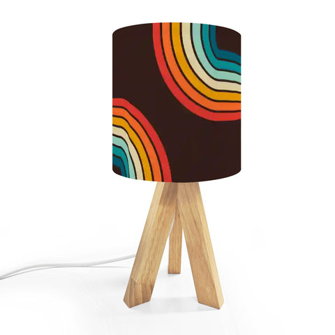 Midcentury Rainbow Table Lamp – Wood Tripod Base, Linen Shade