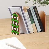 Green Diamond Wave retro bookend holding books on a wooden desk next to a pen