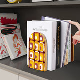Amber Squares retro wooden bookend on a dark shelf with books