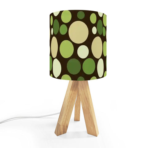 70s Retro Table Lamp: Brown Green Polka Dot Linen Shade, Wood Tripod Base